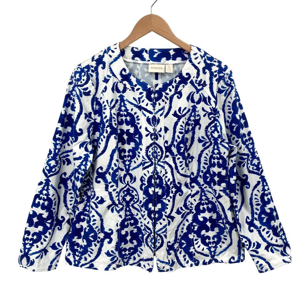 Chico's Blue White Ikat Print Open Front Cardigan Jacket Size 2 Large Womens